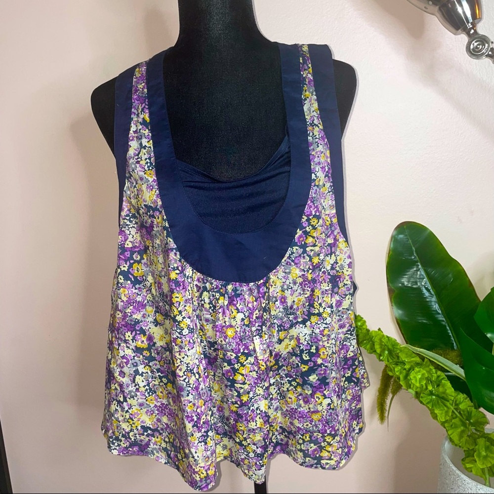 Allen B By Allen Schwartz Floral Multi Contrast Black Sleeveless Pleated Blouse